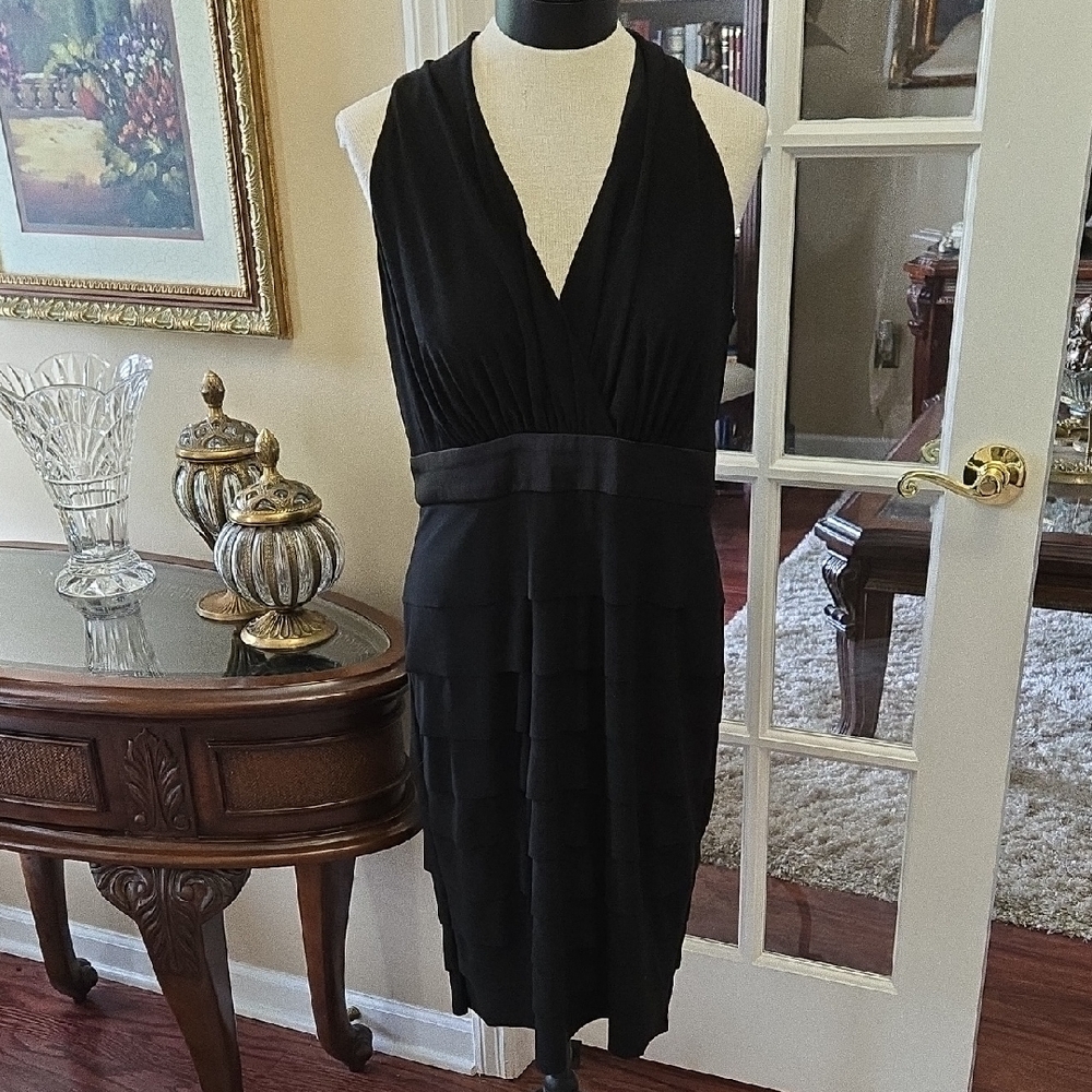 Evan-Picone Elegant Black Halter Dress Satin Empire Waist Tiered Skirt Vneck 12